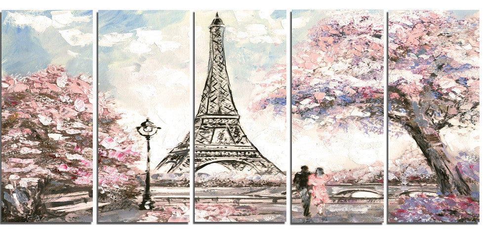 Eiffel with Pink Flowers, Landscape Canvas Art Print, 60"x28", 5 Panels