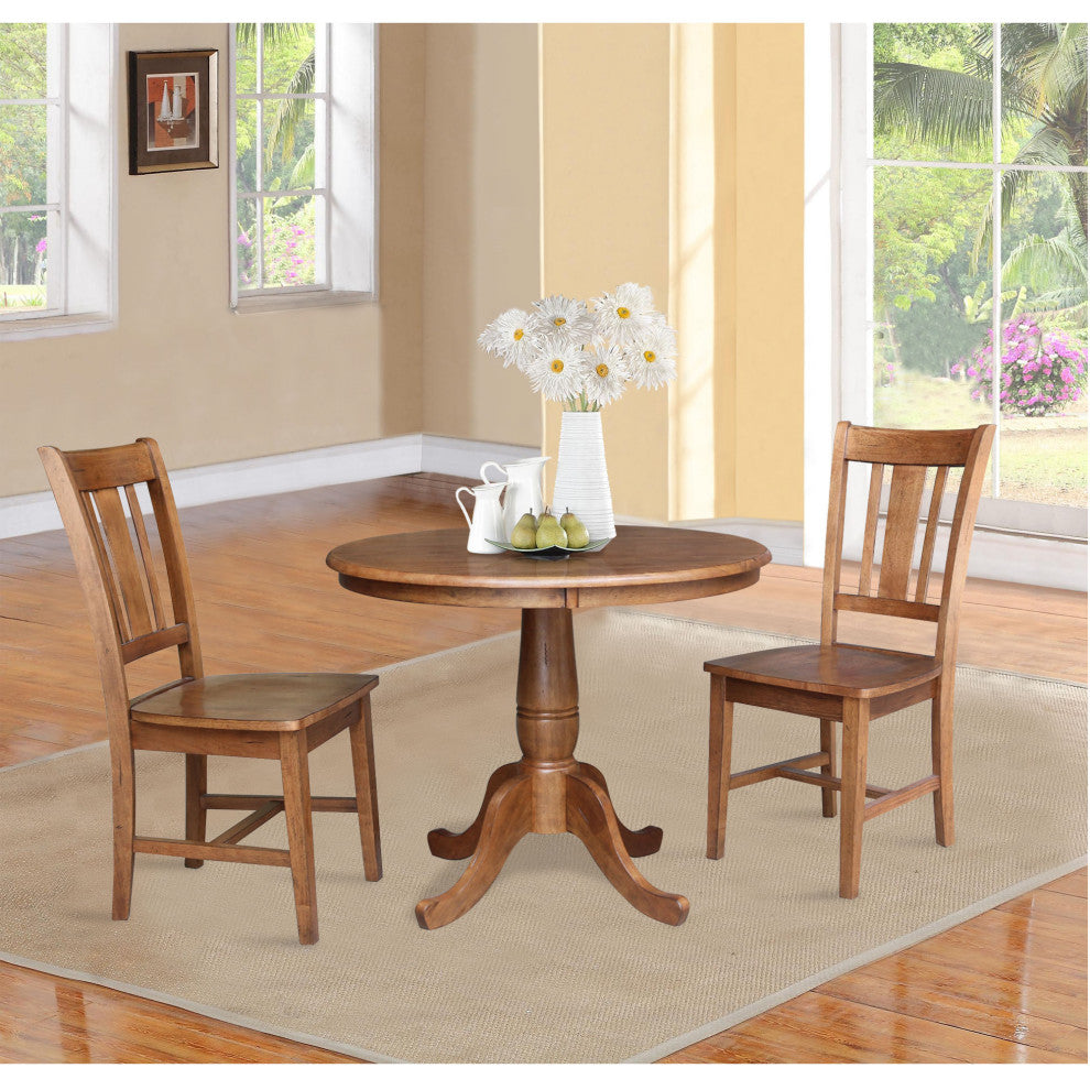 36" Round Top Pedestal Table With 2 San Remo Chairs, 3-Piece Set, Distressed Oak