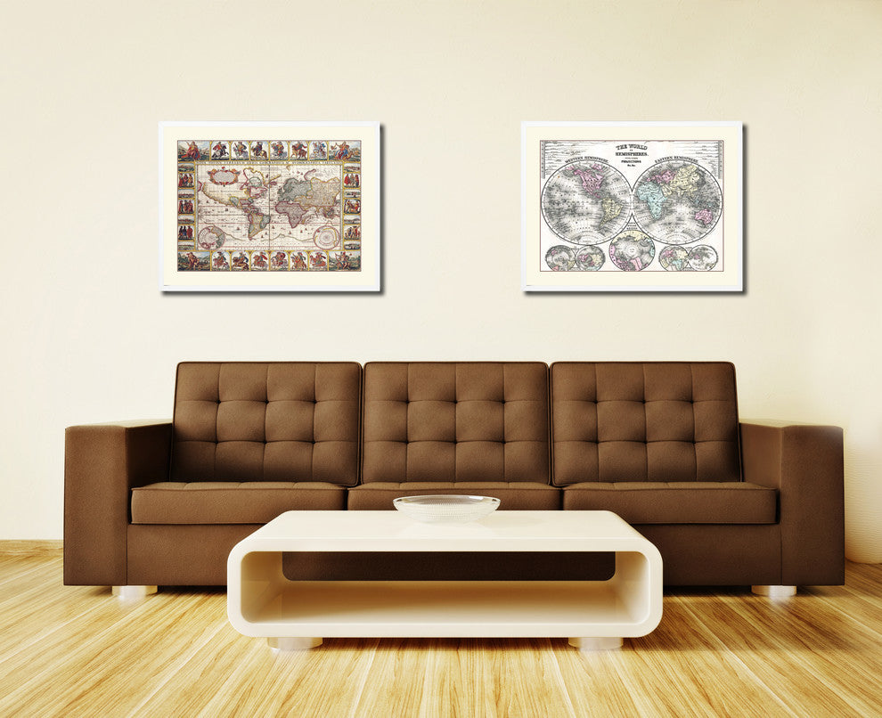 Geographic Vintage Old Map Print On Canvas With Picture Frame 28" X 37"