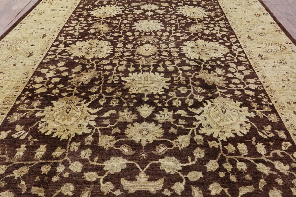 Oushak Style Hand-Knotted Brown Chobi Peshawar Oriental Wool Rug, 10'x14'