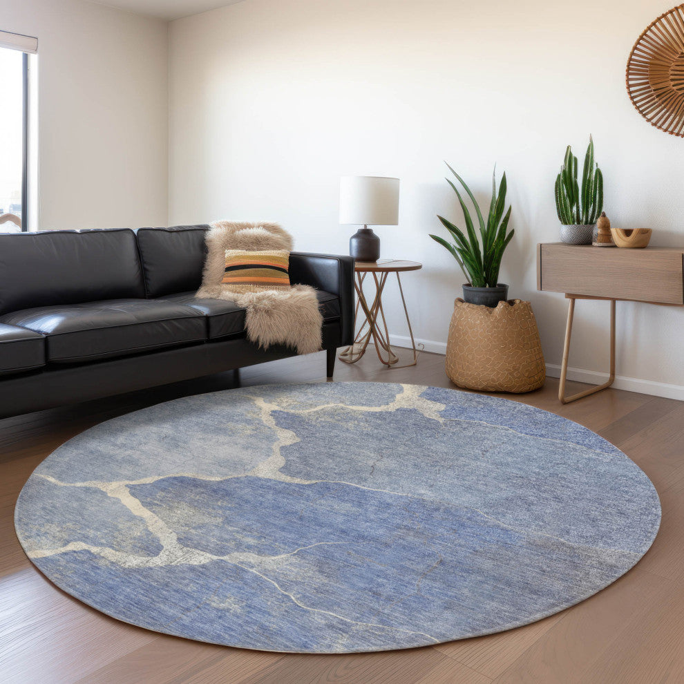 Machine Washable Indoor/Outdoor Chantille ACN1889 Denim 8' x 8' Round Rug