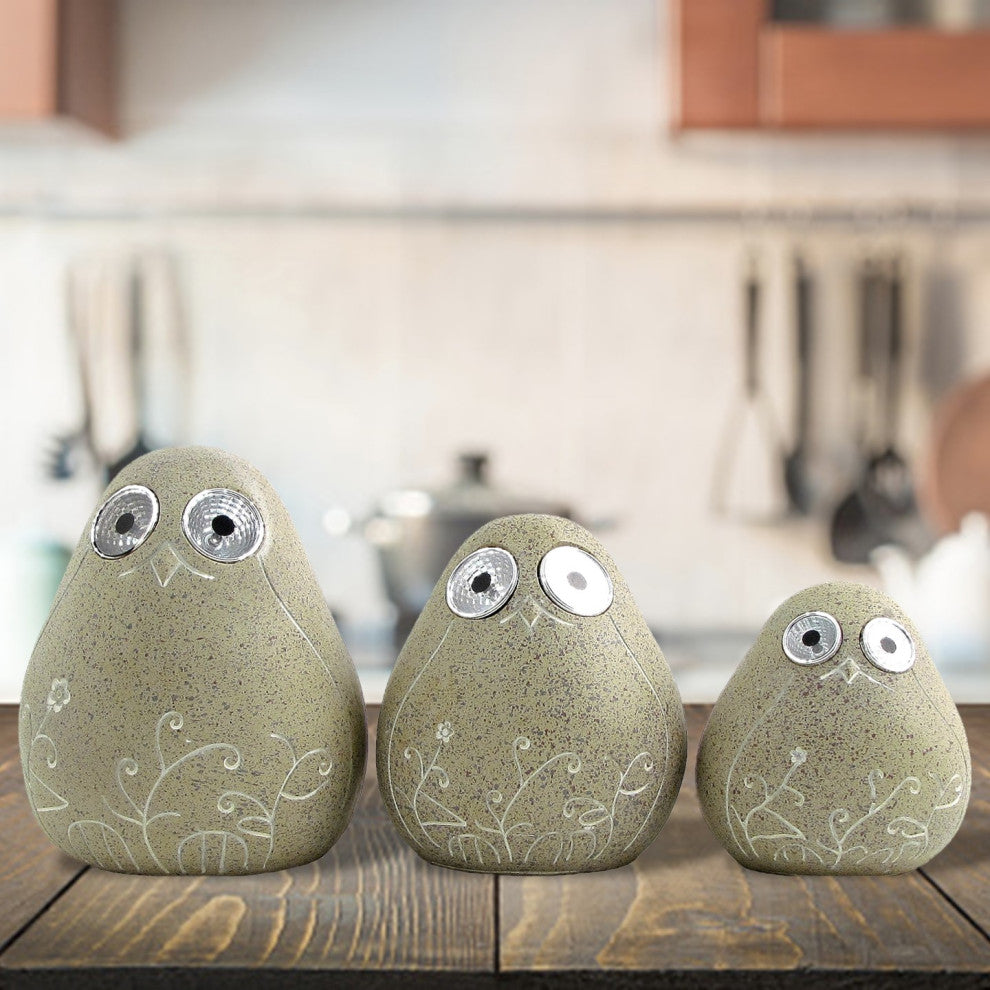 Set of 3 Solar Rock Birds With Floral Etching, Antique Beige