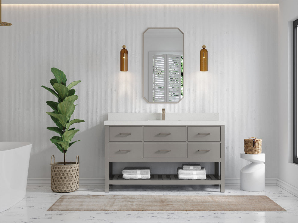 Parker 60 Single Sink Bathroom Vanity in Elephant Skin Gray  2" Carrara Quartz
