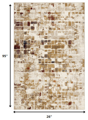 2"x8" Brown Beige Abstract Tiles Distressed Runner Rug