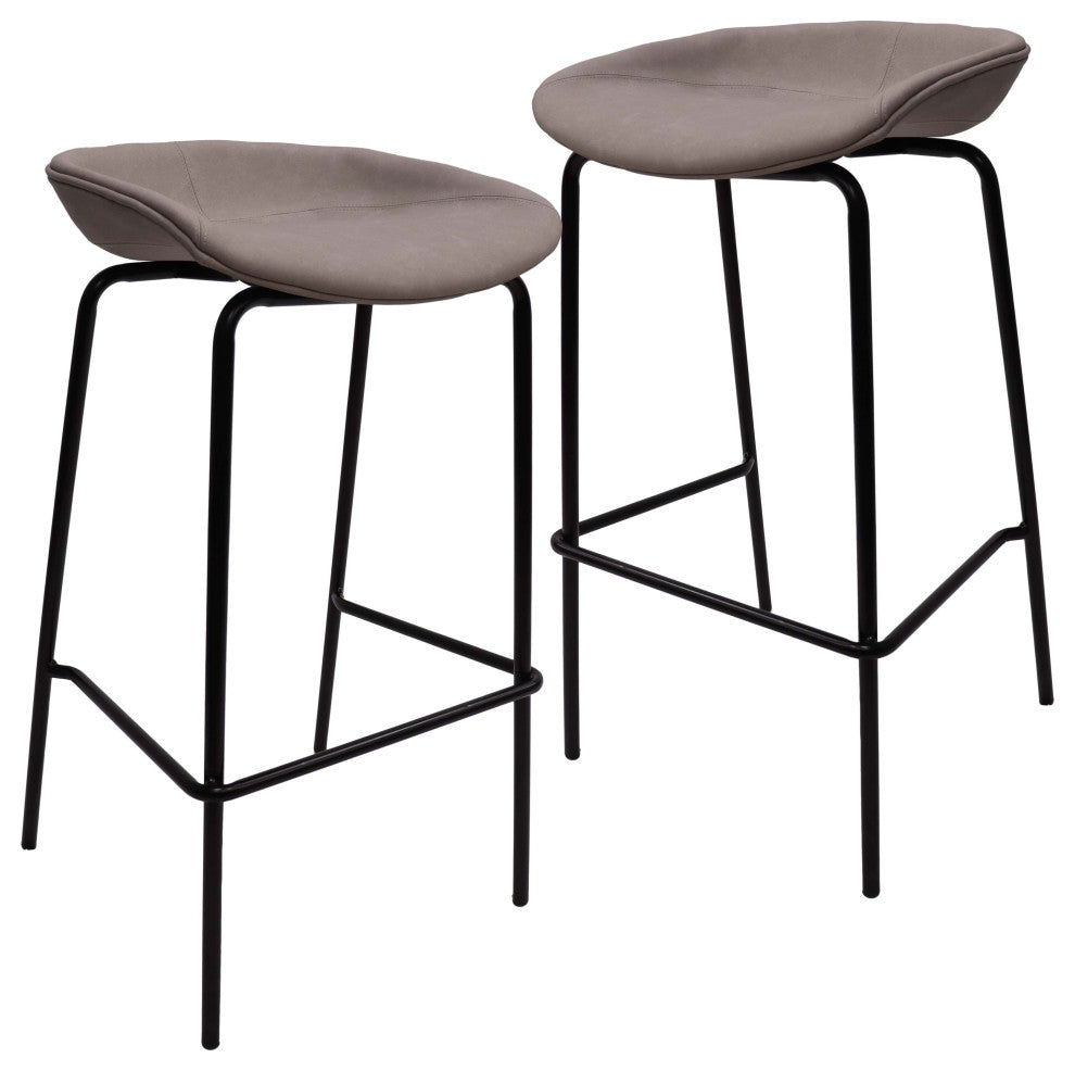 LeisureMod Servos Barstool With Faux Leather Seat and Iron Frame Set of 2, Light Gray