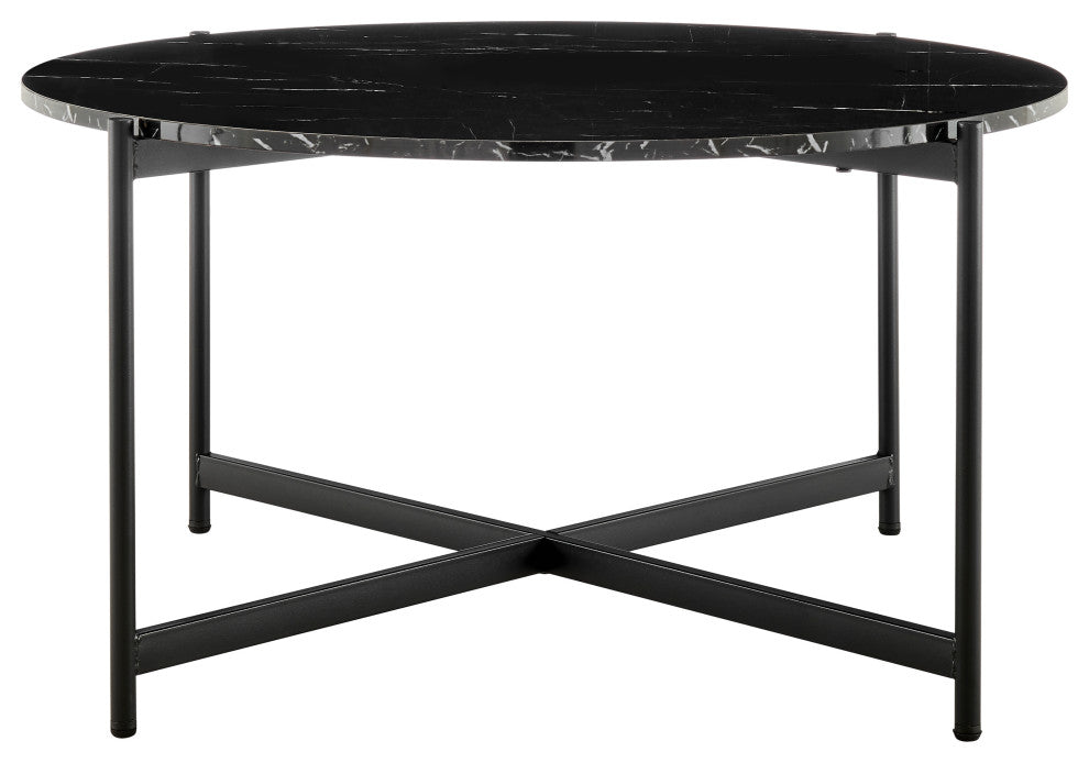 Round Contemporary Marble Finish Veneer Top Black Coffee Table, Black/Black