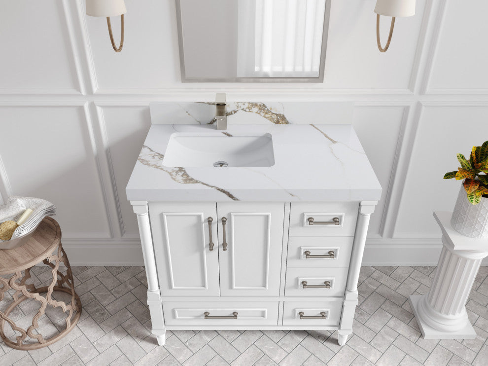 Aberdeen 36 Left Offset Bath Vanity in White 2" Calacatta Gold