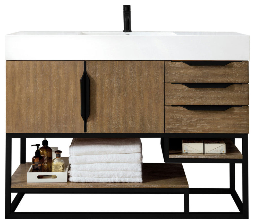 Columbia 48" Single Vanity, Latte Oak, Matte Black, Glossy White Composite Top