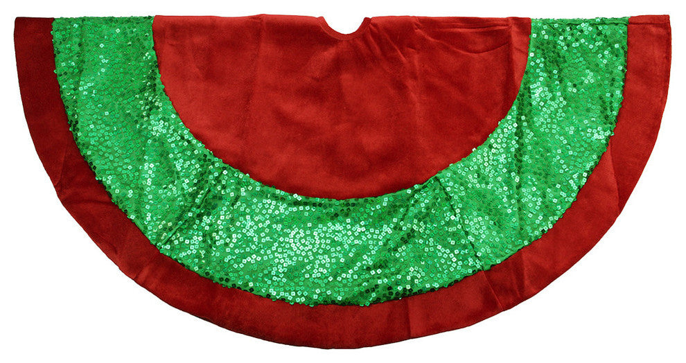 48" Red Velvet Tree Skirt With Green Hologram Sequin and Red Velvet Trim