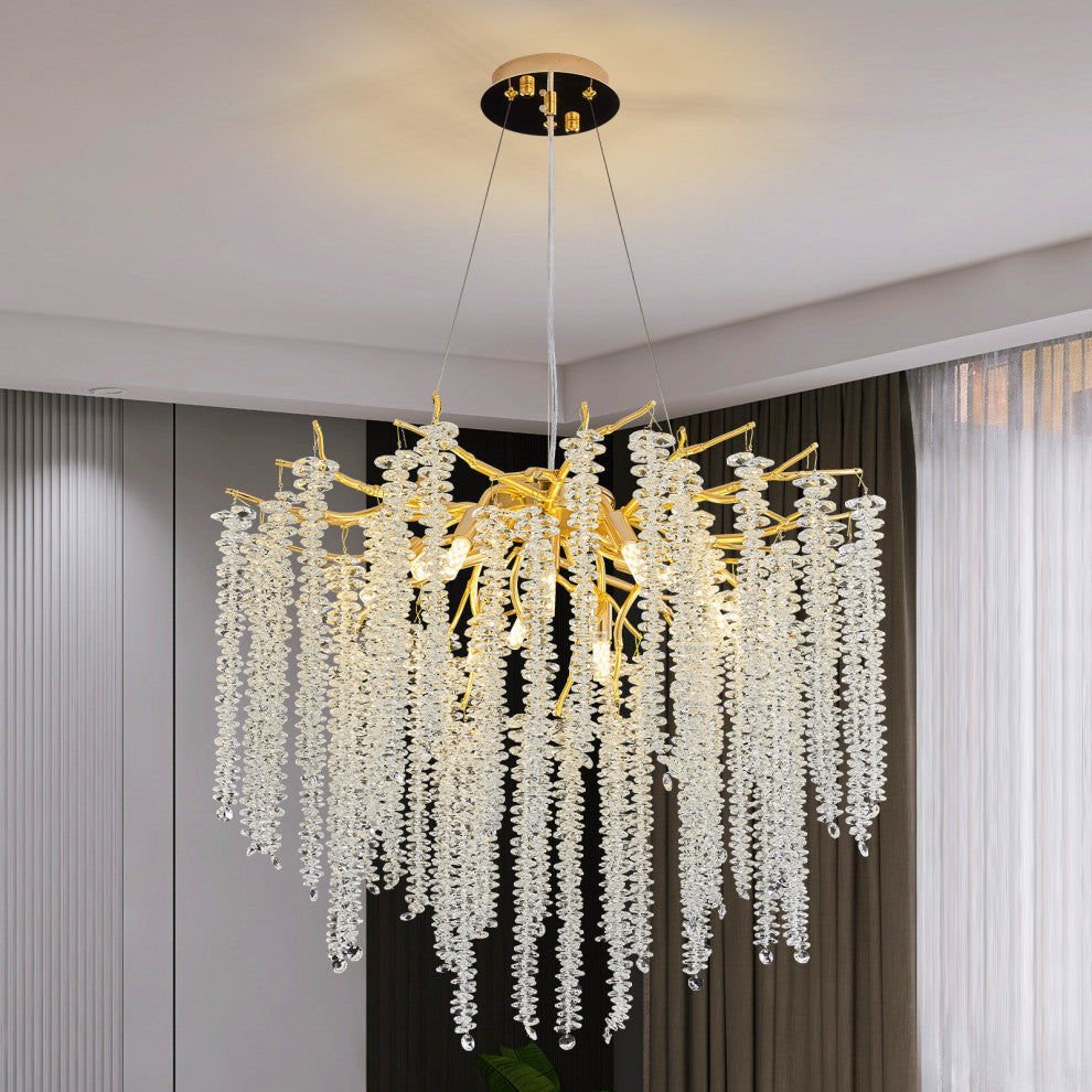 Akari Tree Branch Art Glass Gold Tassels Chandelier Light, D24"