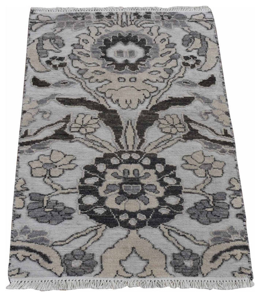 Ivory 100% Wool Hi and Lo Oushak Design Hand Knotted Oriental Rug, 2'1"x3'1"
