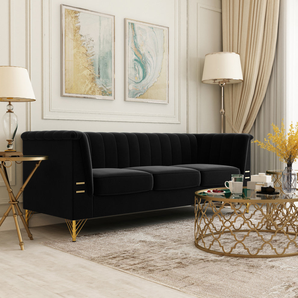 83.4'' Tuxedo Velvet Arm Sofa with Gold Leg, Black