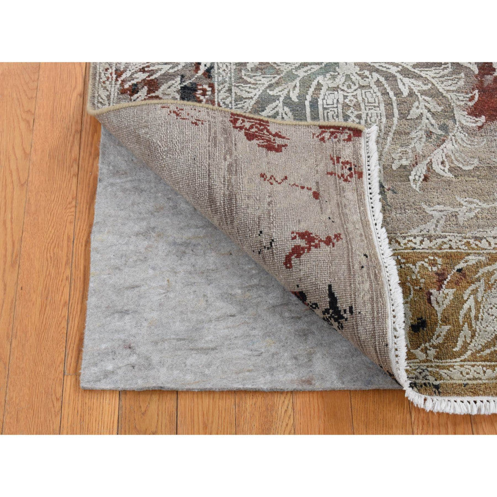 Stone Gray, Broken Tulip Design, Silk With Wool, Hand Knotted Rug, 5'2"x7'1"