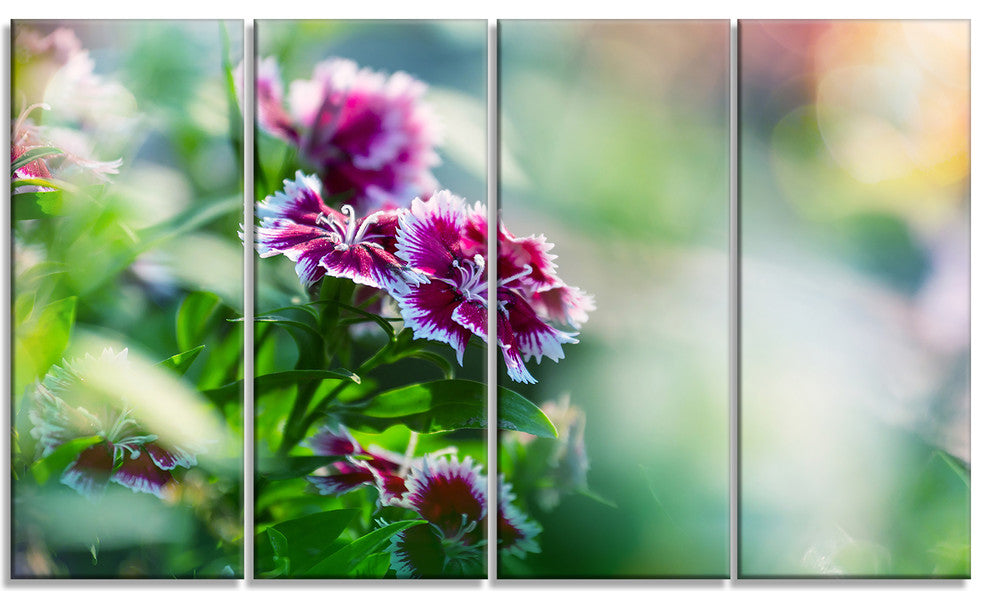 Pink Flowers on Green Background, Floral Canvas Art Print, 48"x28", 4 Panels