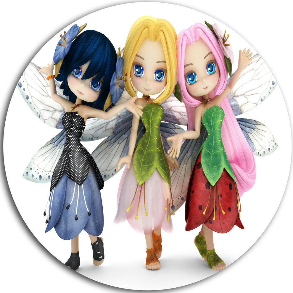 Fairy Friends Posing Together, Portrait Round Metal Wall Art, 11"