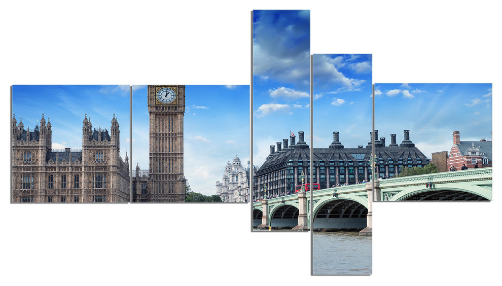 Houses of Parliament and Westminster Bridge, Canvas Art Print, 60"x32", 5 panels