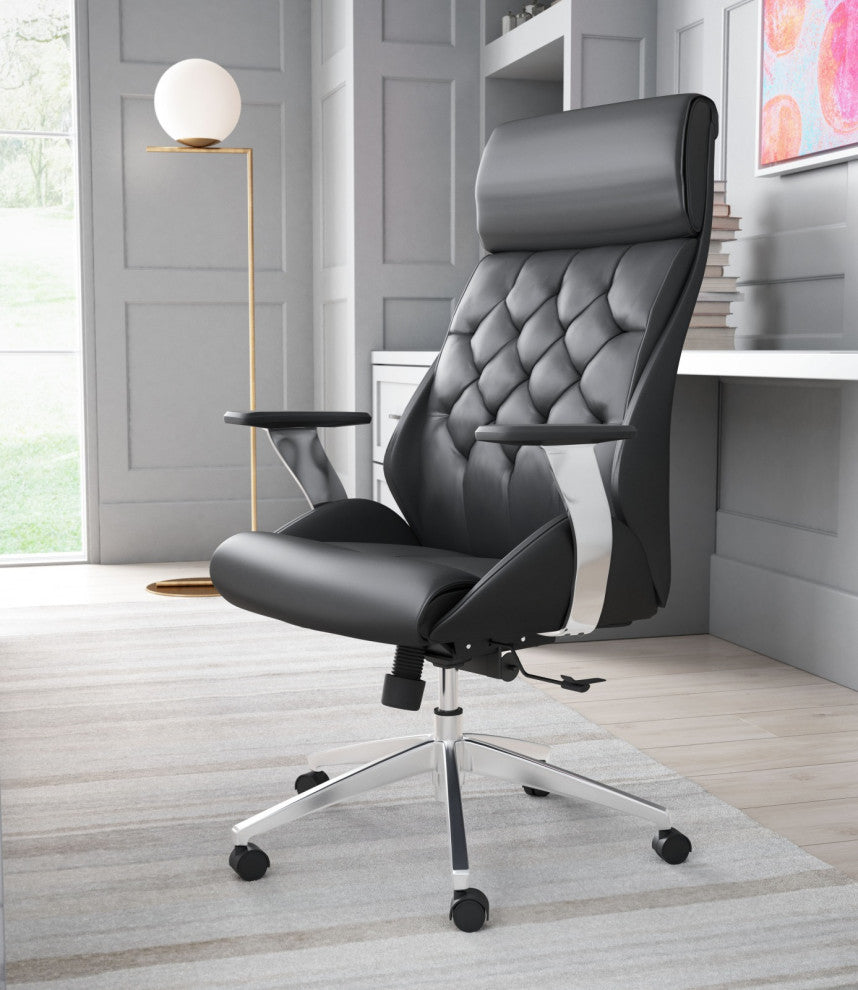 Computer Chair, Faux Vinyl Leather, Steel, Black, Silver, Home Business Office