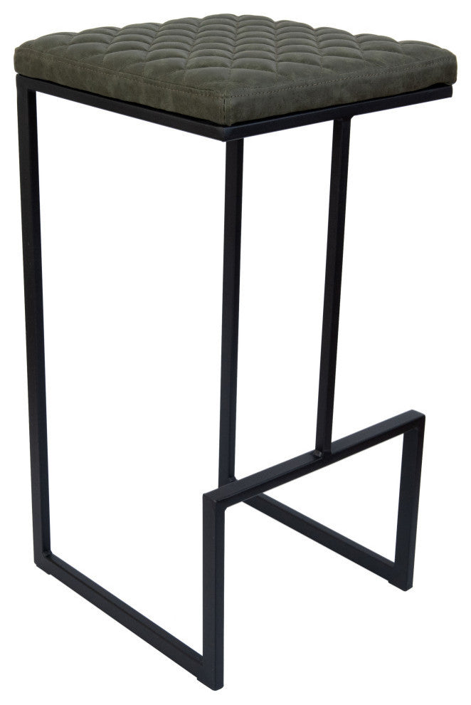 Quincy Square Barstool with Leather Seats and Metal Frame with Footrest, Olive Green