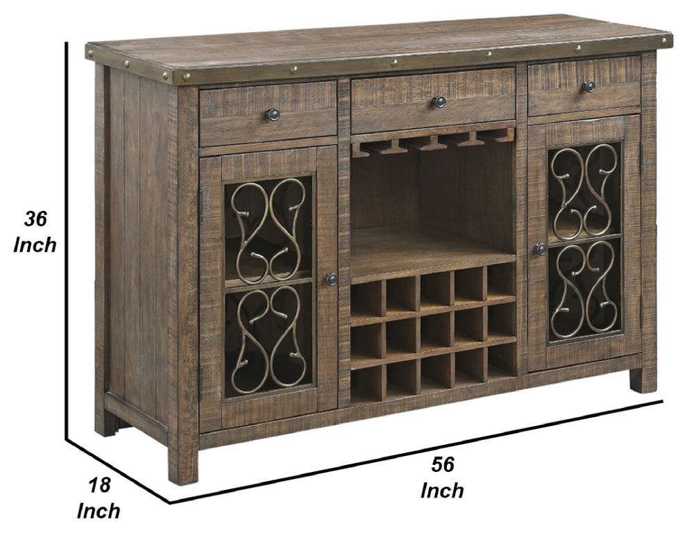 Benzara BM275677 Wood Sideboard Wine Bar Cabinet, Metal Scroll, Rustic Brown