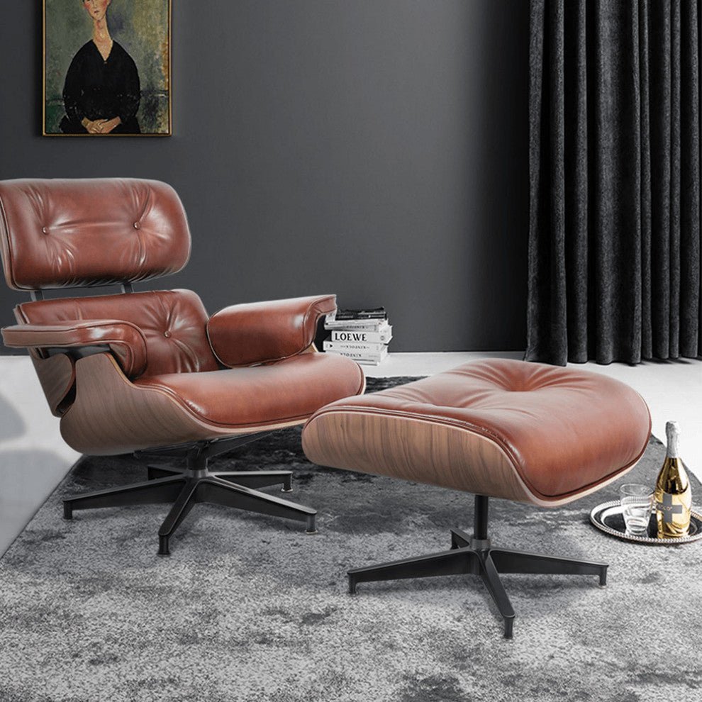 35" Brown Tufted Genuine Leather Swivel Lounge Chair With Ottoman