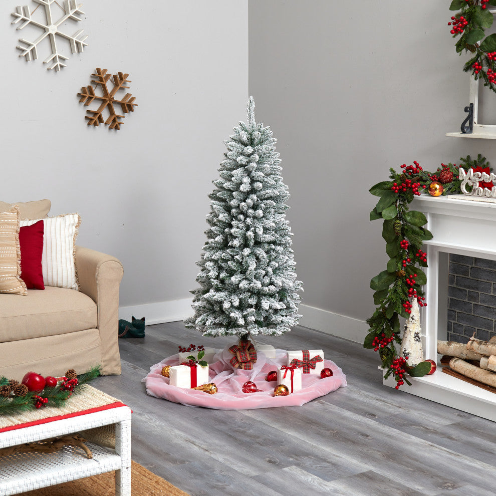 5' Slim Flocked Montreal Fir Faux Xmas Tree W/ White Lights & Bendable Branches