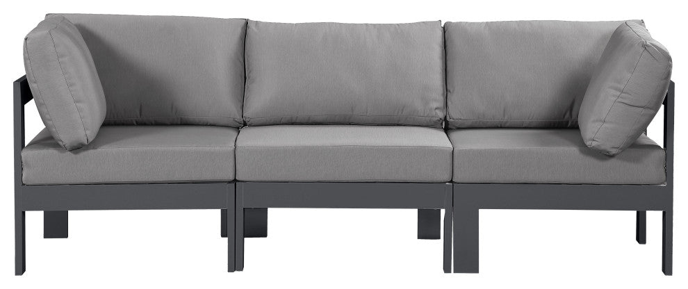 Nizuc Water Resistant Patio Modular Straight Sofa, Gray, 3-Piece: 1 Armless Chair, 2 Corner Chair, Dark Gray Aluminum Frame