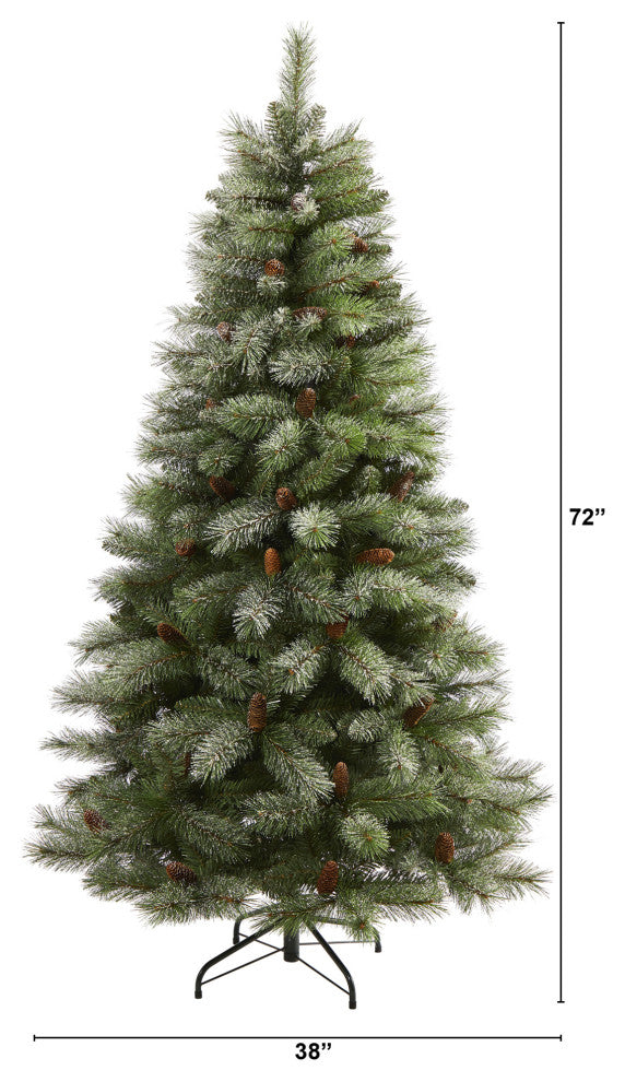 6' Snowed French Mountain Pine Faux Xmas Tree W/Bendable Branches & Pinecones