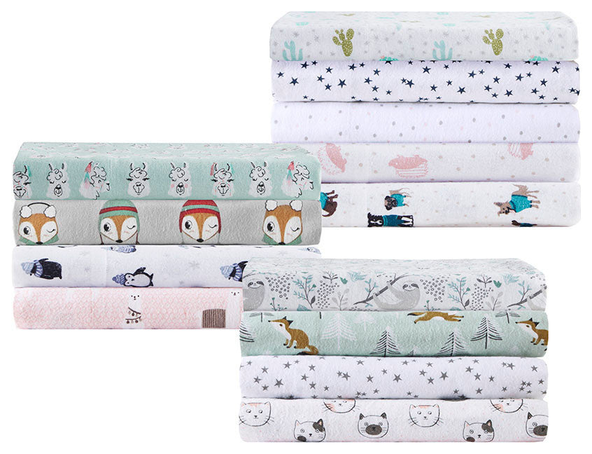 Intelligent Design Cozy Soft Cotton Flannel Printed Sheet Set, Blue Penguins