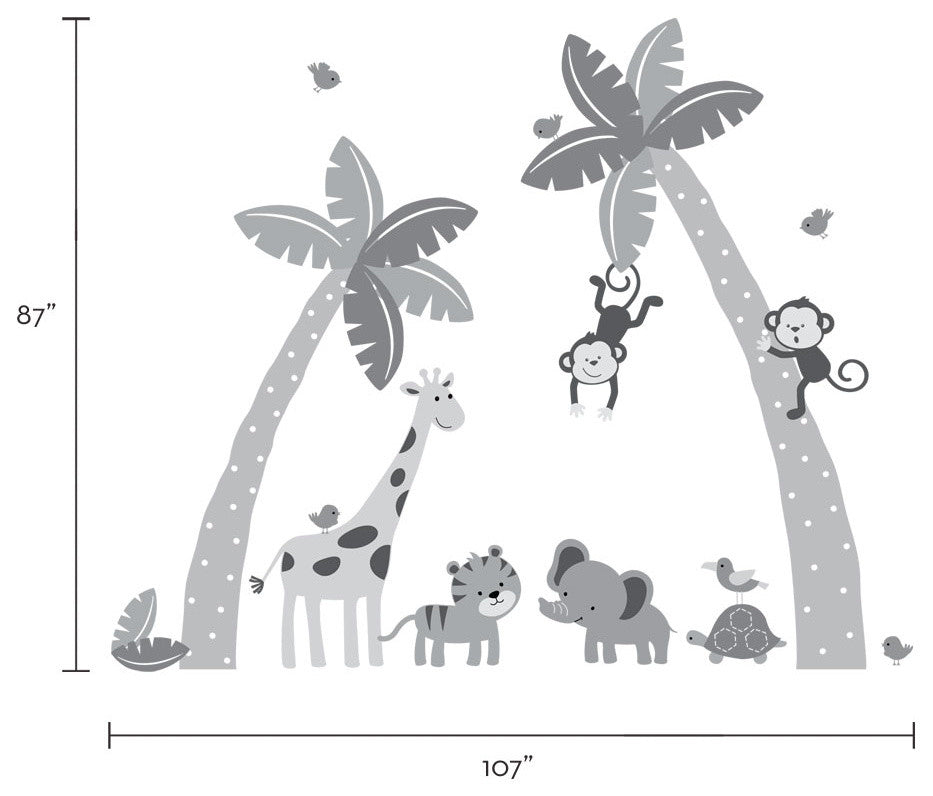 Palm Trees with Cute Jungle Animals Wall Decal, Scheme C