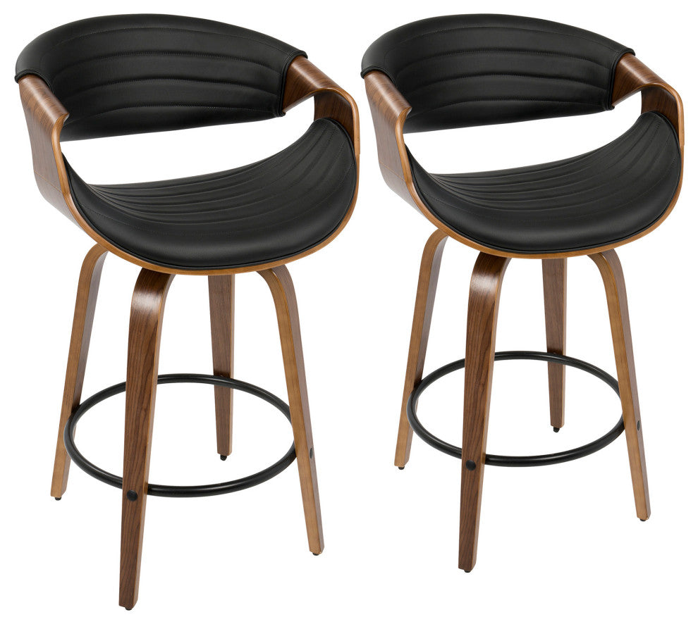 Symphony Counter Stool, Set of 2, Walnut Wood/Black PU/Black Metal
