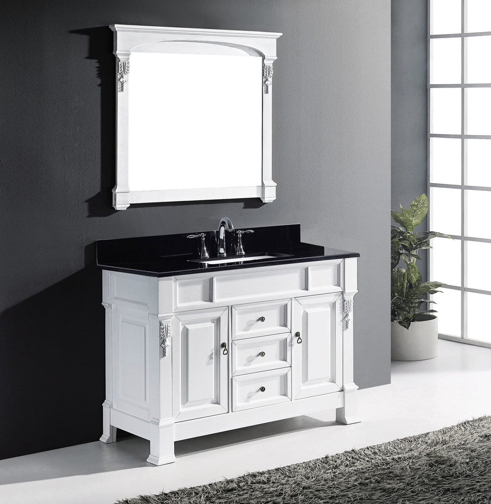 Virtu Huntshire 48" Single Bathroom Vanity, White, Black Granite Top, Mirror