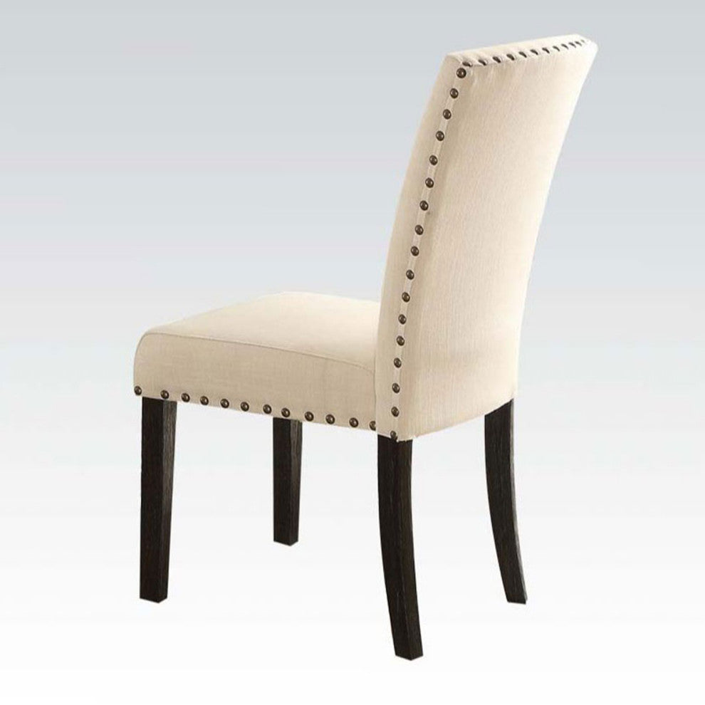 Set of 2 Beige Linen Side Chair, Salvage Dark Oak Finish