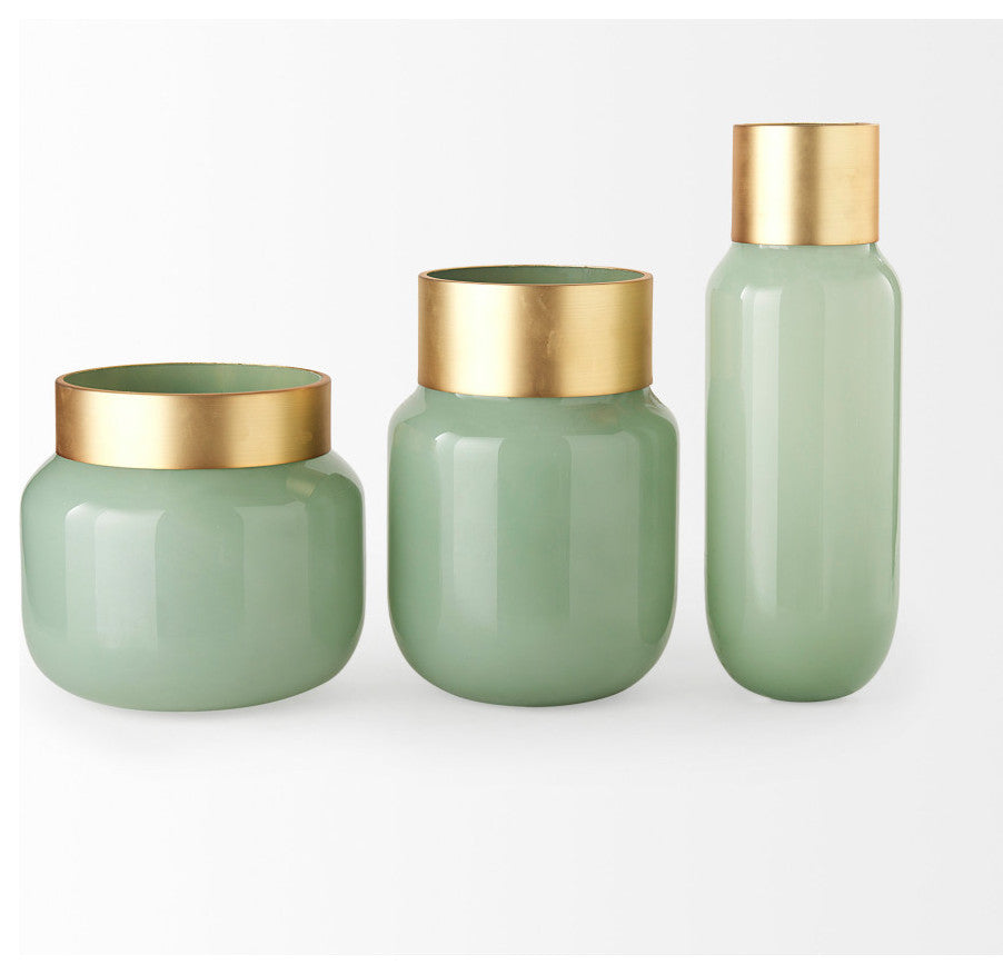 Minty Green Glass With Gold Metal Top Vase, 17"
