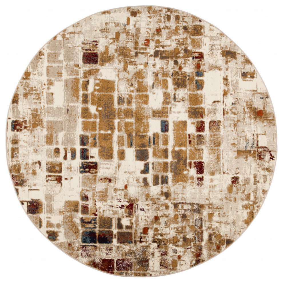 8" Round Brown Beige Abstract Tiles Distressed Area Rug