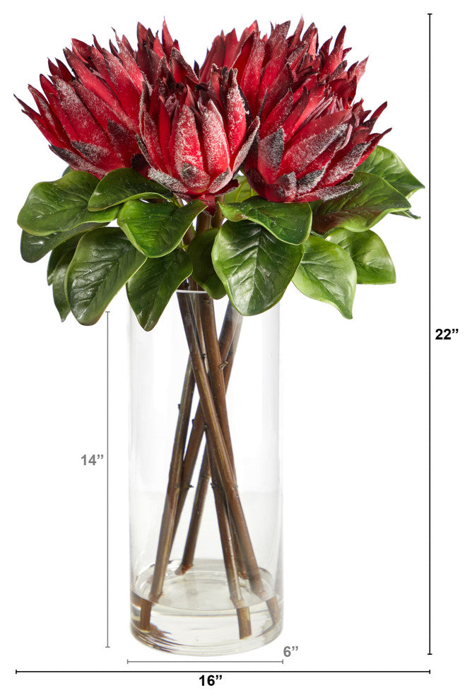 22" King Protea Artificial Arrangement, Glass Vase