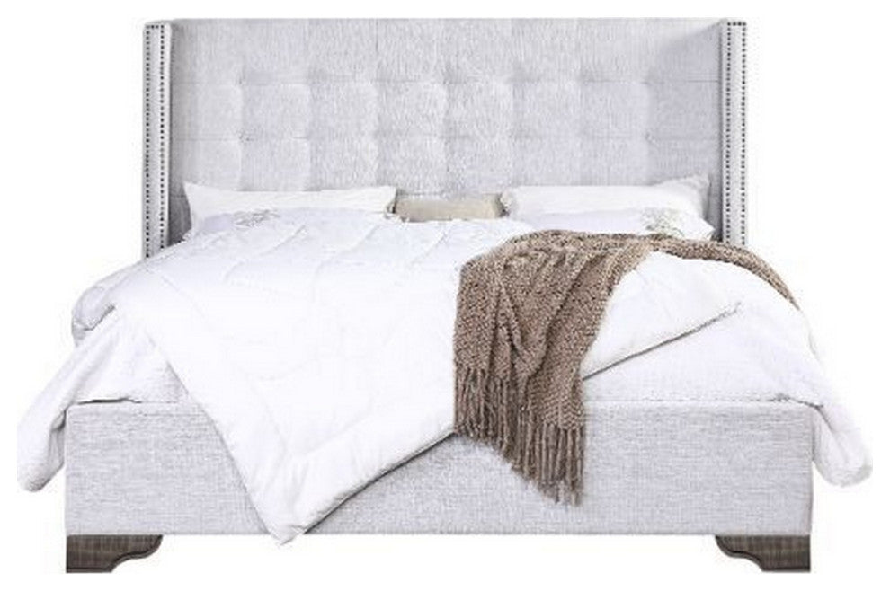 Benzara BM266524 Eastern King Bed With Fabric Upholstery and Tufting, Beige