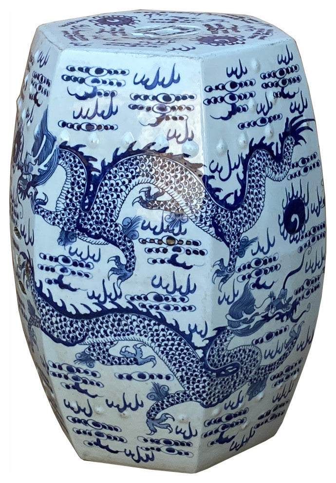 Chinese Blue & White Porcelain Hexagon Double Dragons Table Stool Hcs7004