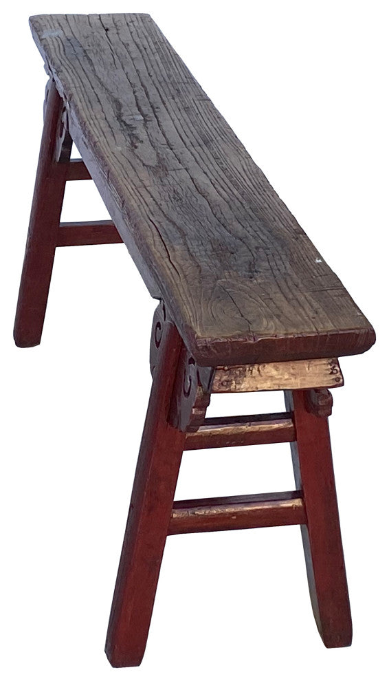 Vintage Brick Red Rural Village Rustic Slim Wood Seating Bench Hcs7359