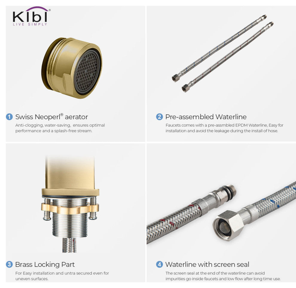 Cubic Single Hole Bathroom Faucet KBF1002, Brush Gold, W/ Drain