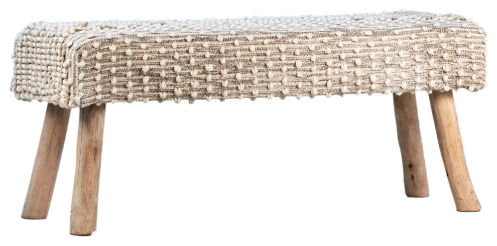 Marlie 48" Long Handwoven Natural Wool and Eucalyptus Wood Bench