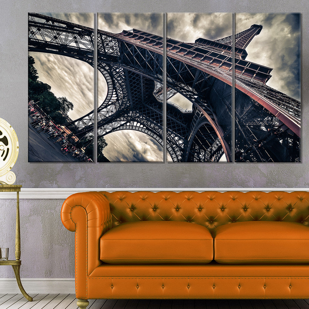 "Paris Eiffel Tower in Grungy Dramatic Style" Cityscape Art, 48"x28", 4-Panels