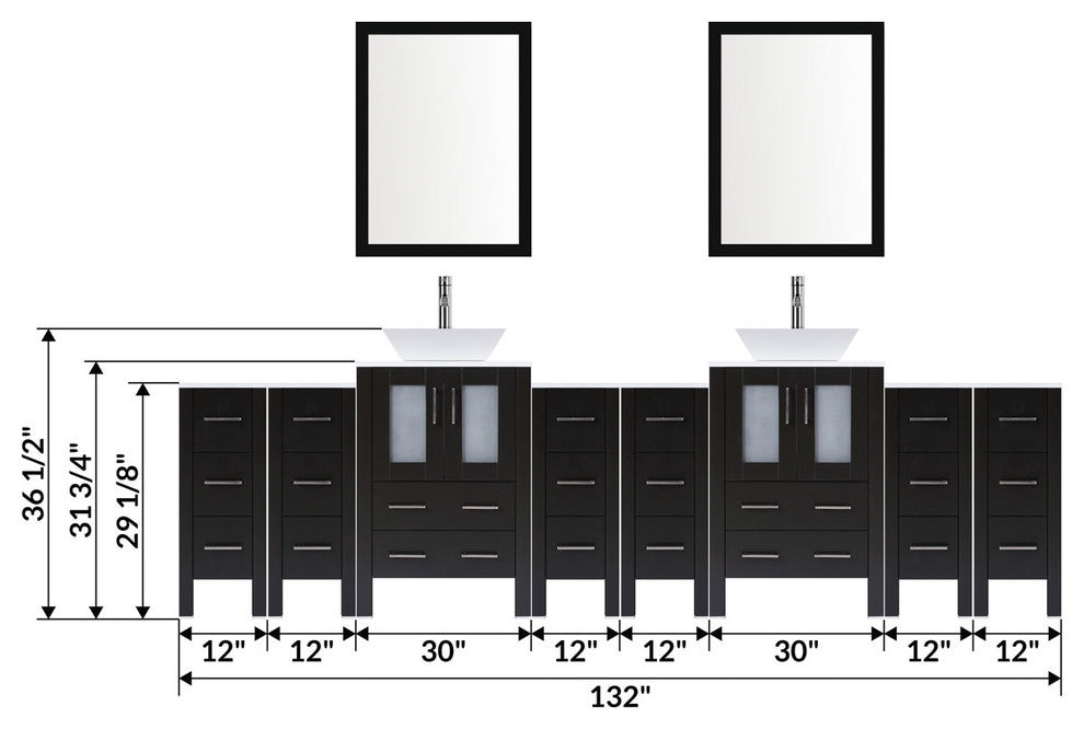 Modern Vanity Set With Two Sink Bases With Mirrors and Six Drawer Bases, Espress