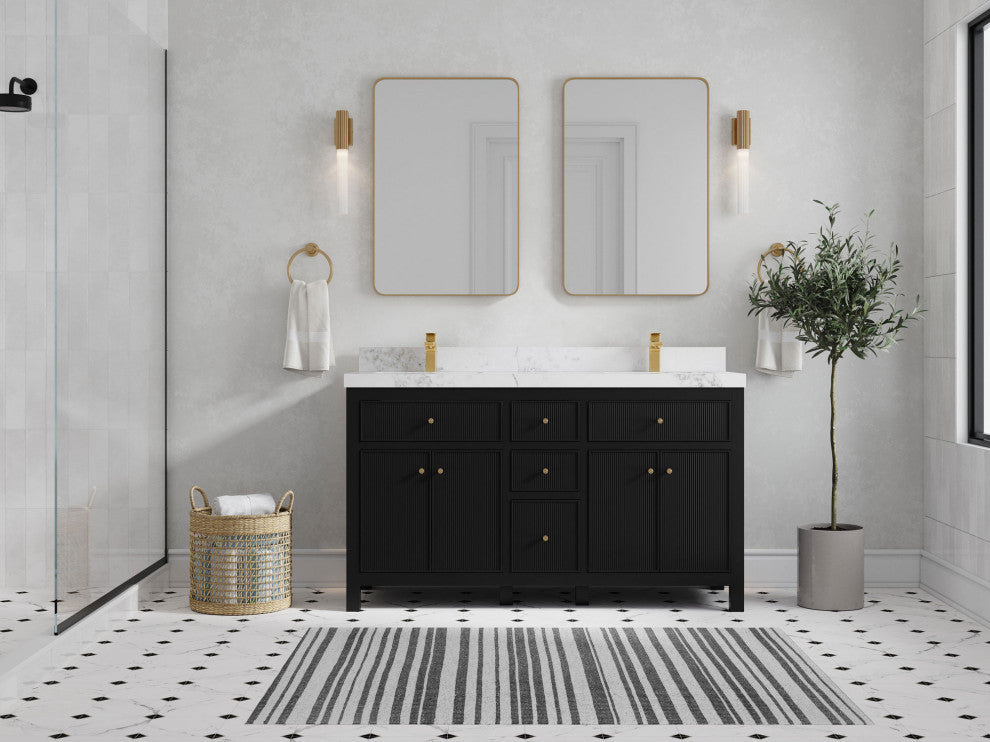 Sonoma 60 Double Sink Reeded Bathroom Vanity in Black 2" Calacatta Nuvo