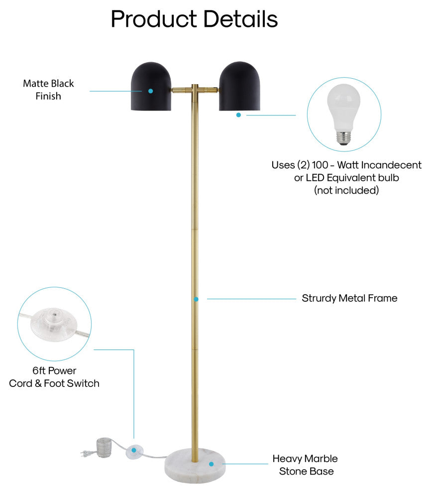 Inspired Home Kailah Floor Lamp, Foot Switch, 2 Lights, Black