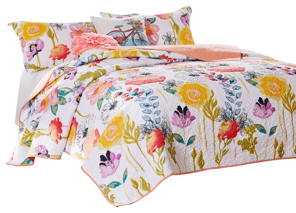 Benzara BM280417 Mavi 4 Piece Reversible Twin Quilt Set, Floral Print