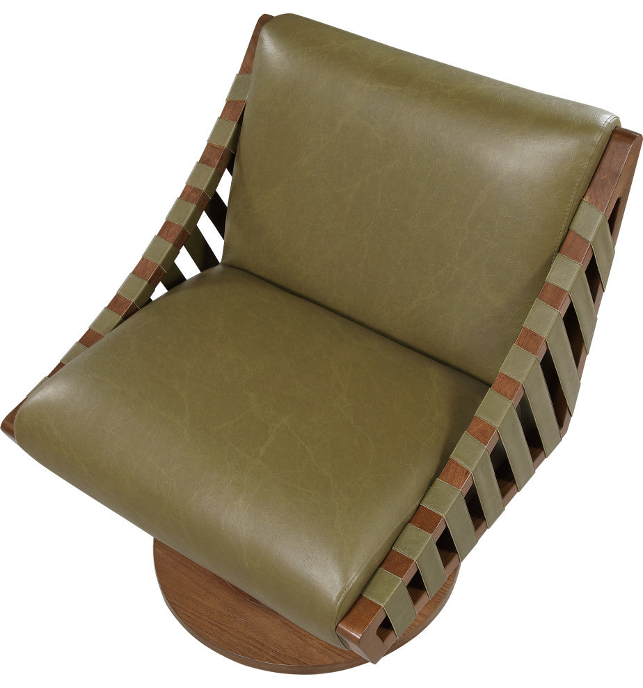 Millwin Upholstered Swivel Accent Chair, Olive, Vegan Leather, Walnut Finish