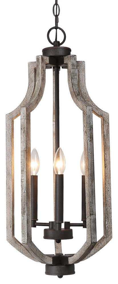 LNC Farmhouse Bronze 3-Light Lantern Wood Chandelier for Kitchan Island
