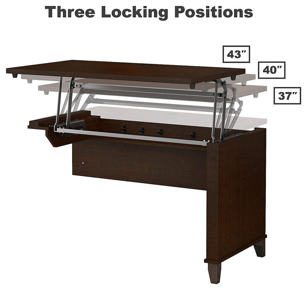 Spacious L-Shaped Desk, Integrated Tall Hutch and Lift Up Desktop, Mocha Cherry