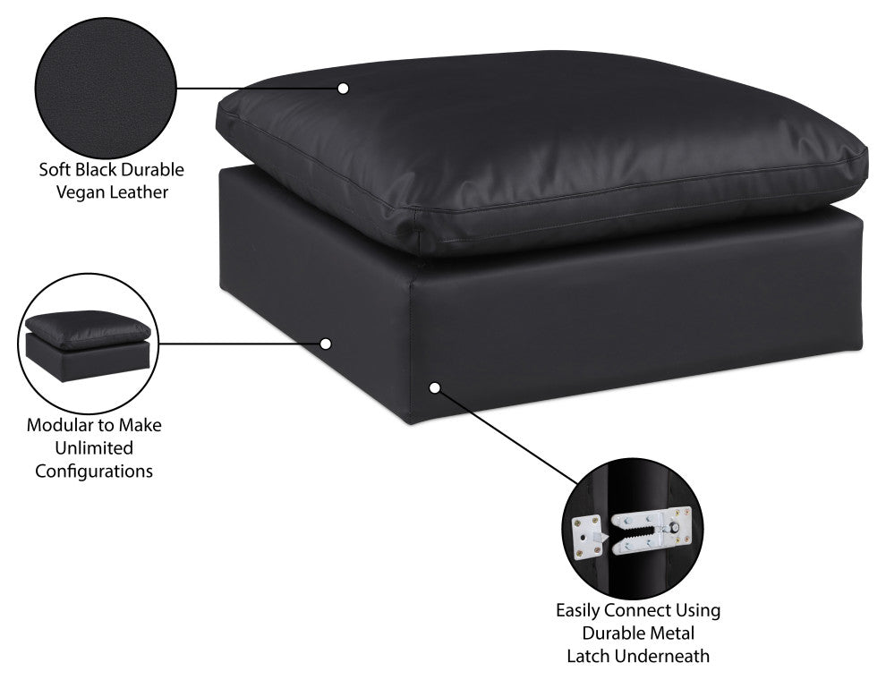 Comfy Beige Linen Textured Fabric Modular Chair, Black, Vegan Leather, Ottoman