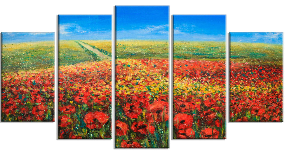Acrylic Landscape with Red Flowers, Red, Floral Wall Art, 60"x32", 5 Panels